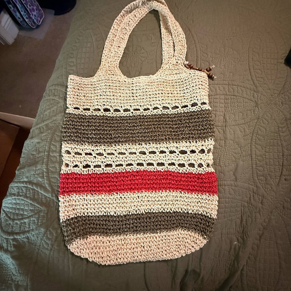 Crochet Boho Tote Bag | Striped Neutral Shoulder Bag